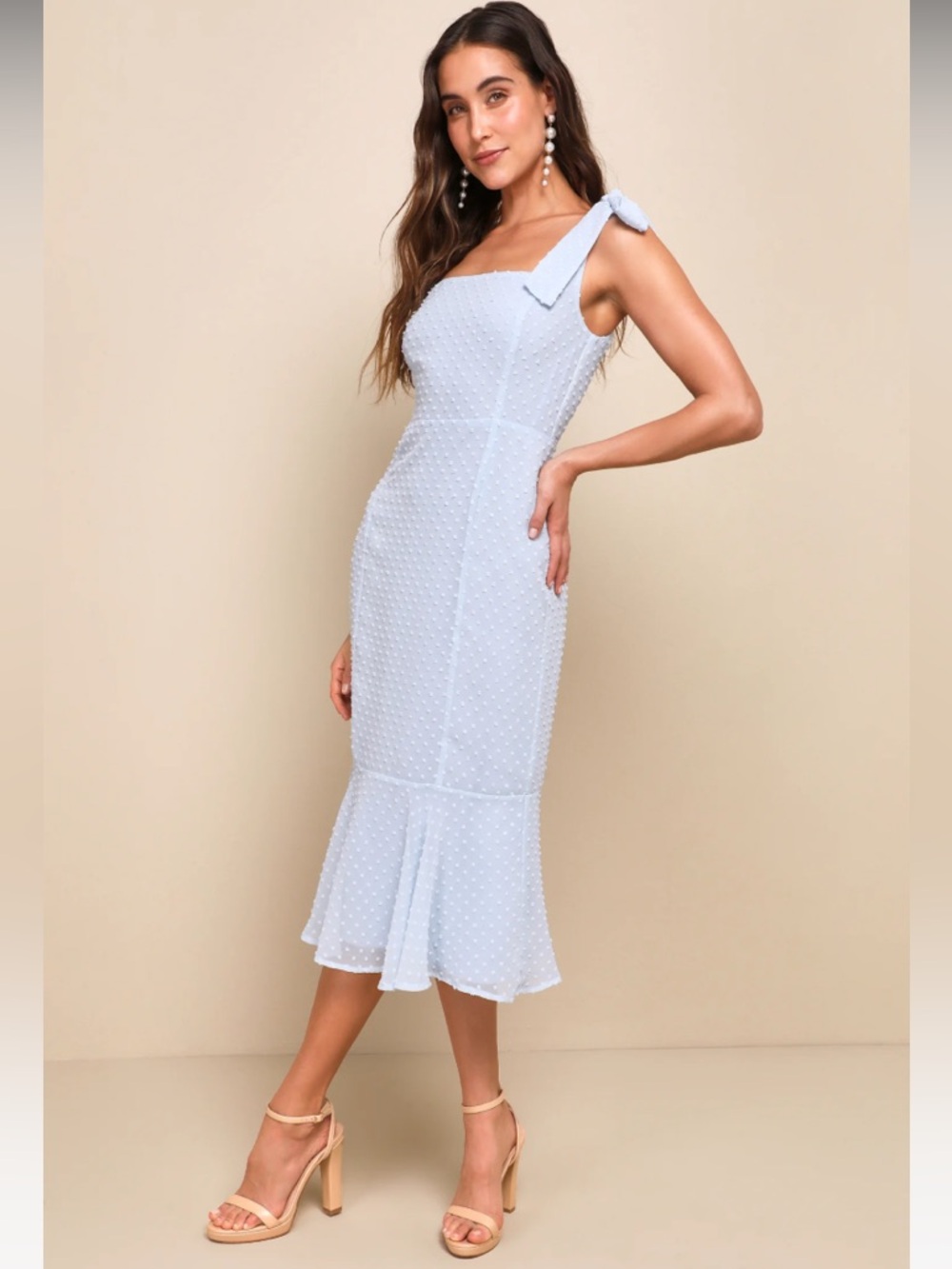 LULU’s BIMINI SWISS DOT LIGHT BLUE TIE-SHOULDER MIDI-DRESS SUMMER DRESS NWT HOT!